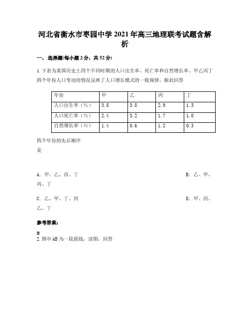 河北省衡水市枣园中学2021年高三地理联考试题含解析