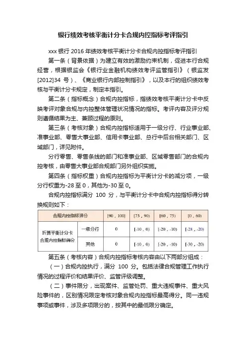 银行绩效考核平衡计分卡合规内控指标考评指引