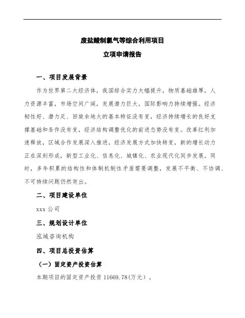 废盐酸制氯气等综合利用项目立项申请报告(投资计划模板)
