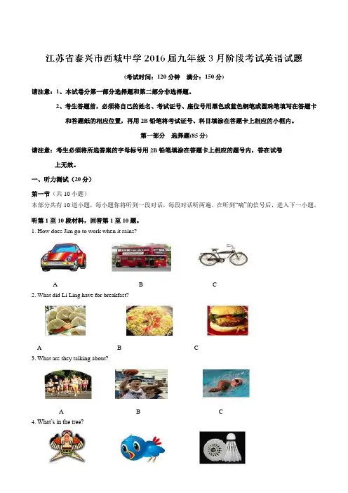 江苏省泰兴市西城中学2016届九年级3月阶段考试英语试题解析(解析版)