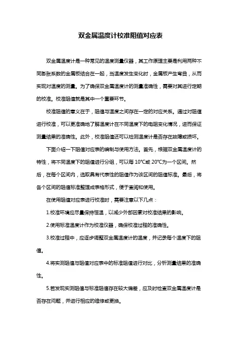双金属温度计校准阻值对应表