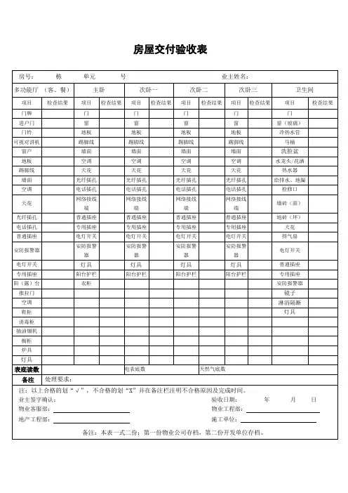 物业房屋交付验收表