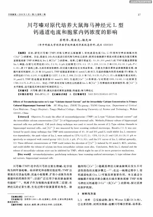 川芎嗪对原代培养大鼠海马神经元L型钙通道电流和胞浆内钙浓度的影响