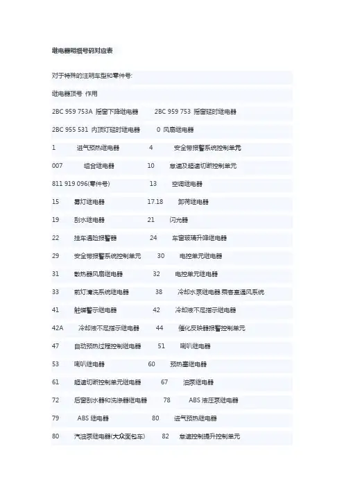 继电器明细号码对应表