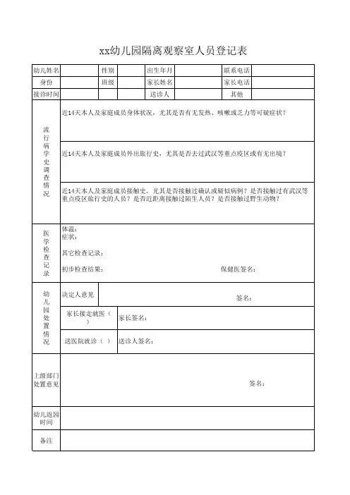 疫情期间幼儿园隔离观察人员登记表(幼儿)