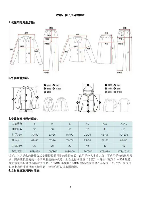 衣服、鞋子尺码测量方法对照表