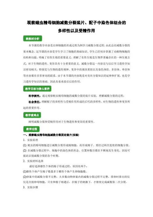 教学设计1：2.1.3 观察蝗虫精母细胞减数分裂装片、配子中染色体组合的多样性以及受精作用
