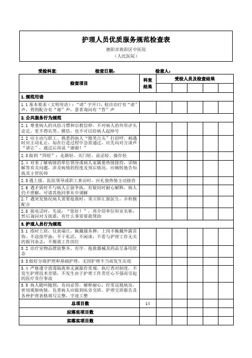 护士优质服务规范检查表