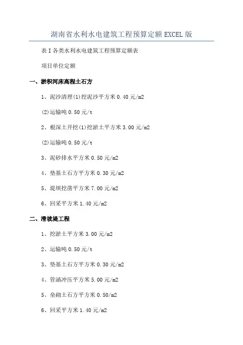湖南省水利水电建筑工程预算定额EXCEL版