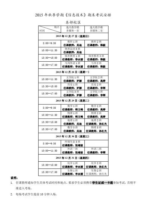 2015年秋季学期《信息技术》期末考试安排