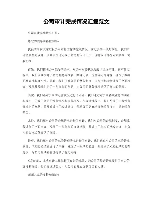 公司审计完成情况汇报范文