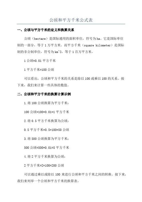 公顷和平方千米公式表