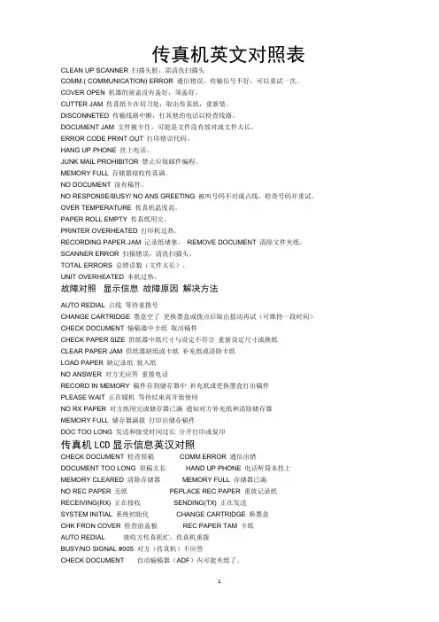 各种传真机清零及错误英文对照表