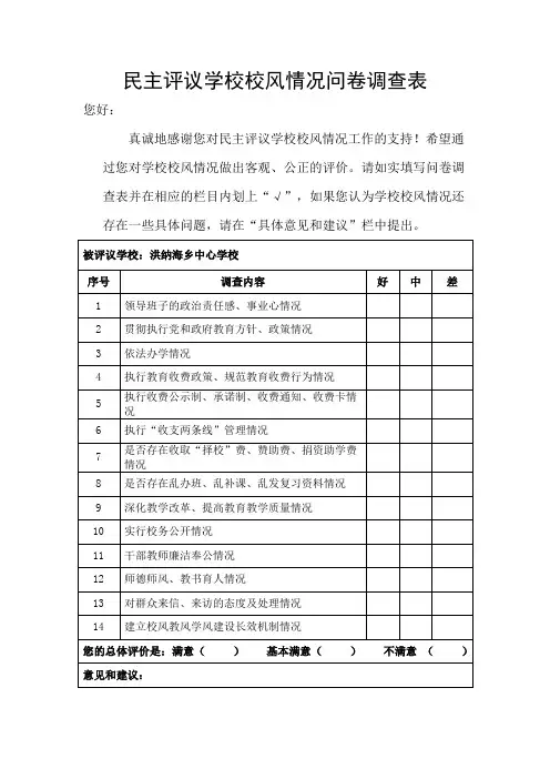 民主评议学校校风情况问卷调查表1