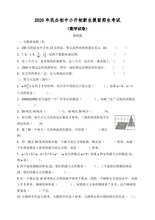 2020年民办初中小升初新生提前招生考试语文数学整套试卷及答案