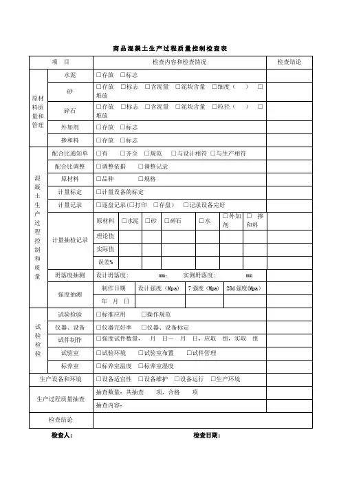 商品混凝土生产过程质量控制检查表