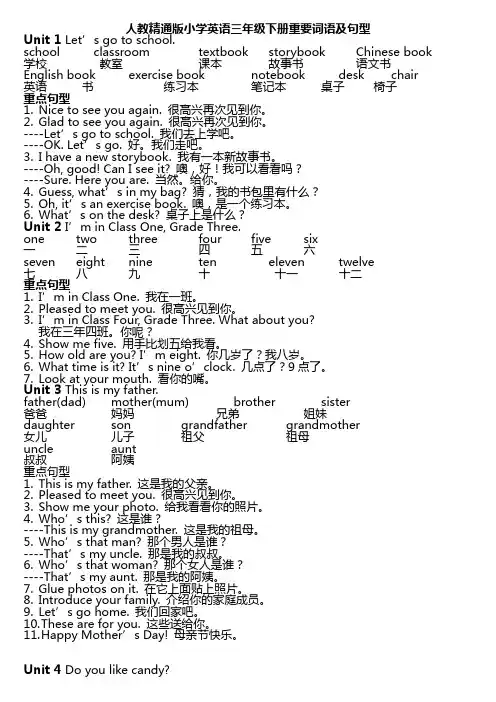 人教精通版小学英语三年级下册(重点词语及句型汇总).doc
