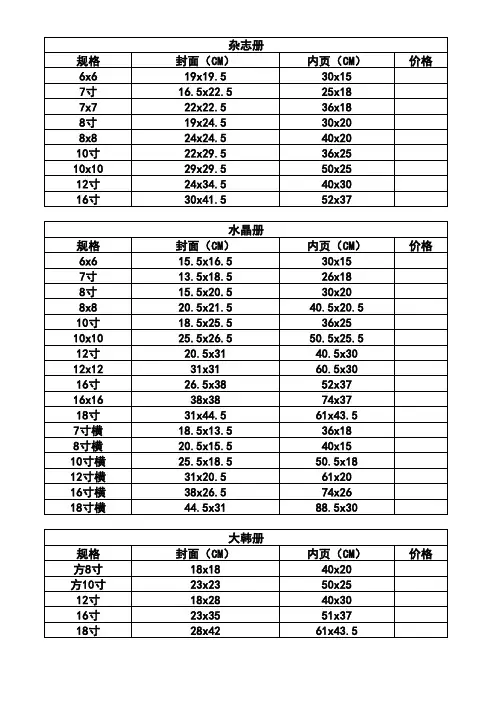 相册尺寸表