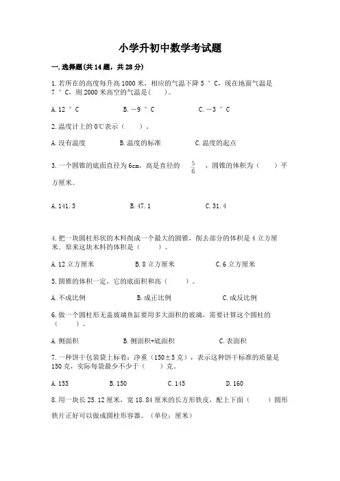 小学升初中数学考试题及参考答案【完整版】