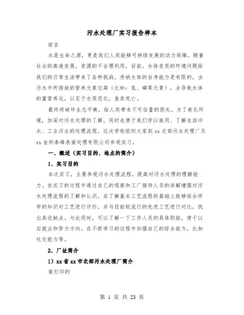 污水处理厂实习报告样本（五篇）