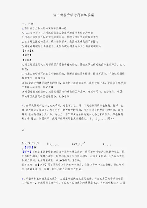 初中物理力学专题训练答案