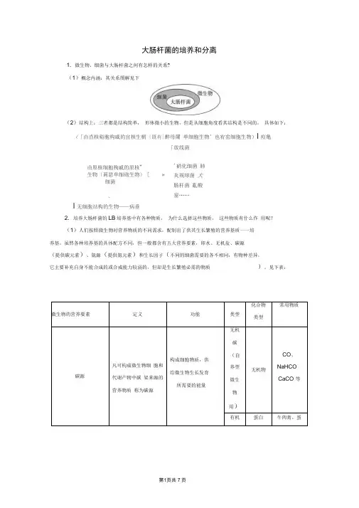 高中生物实验1大肠杆菌的培养和分离学案浙科版选修12