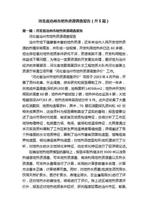 河北省沧州市地热资源调查报告（共5篇）