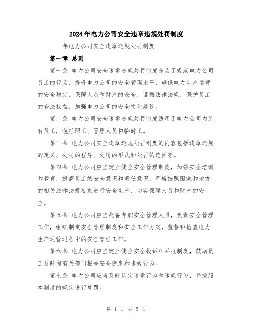 2024年电力公司安全违章违规处罚制度