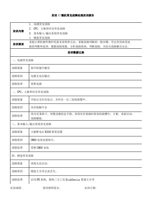 实训12 微机常见故障处理实训报告