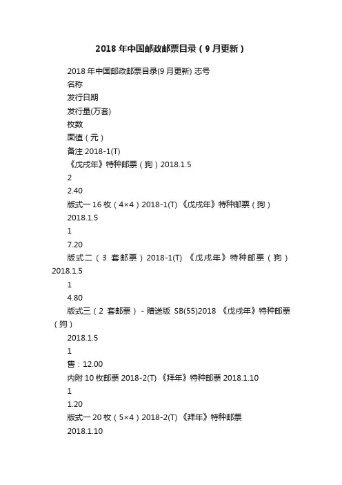 2018年中国邮政邮票目录（9月更新）
