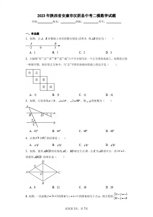 2023年陕西省安康市汉阴县中考二模数学试题