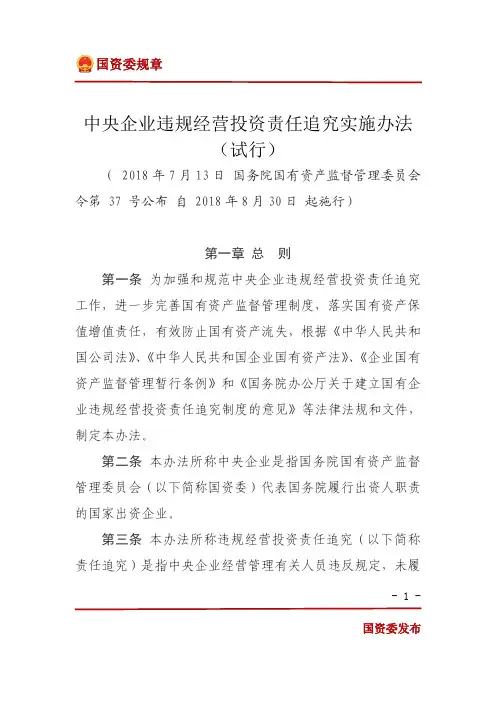 中央企业违规经营投资责任追究实施办法 (试行)