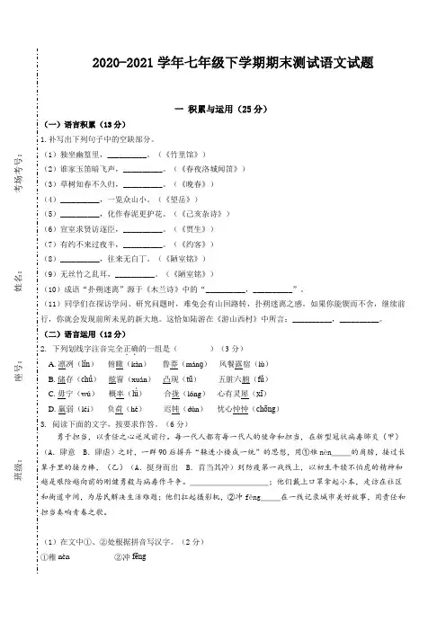 2020-2021学年七年级下学期期末测试语文试题附答案