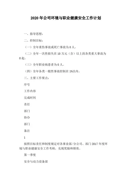 2020年公司环境与职业健康安全工作计划