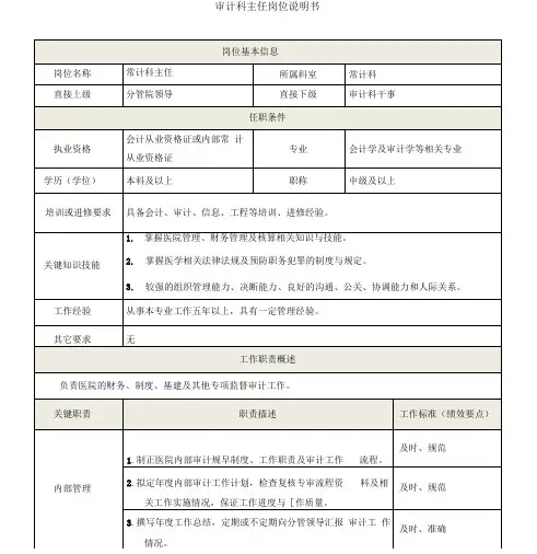 医院审计科主任岗位说明书