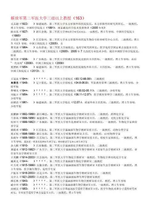【免费下载】解放军第二军医大学三级以上教授163