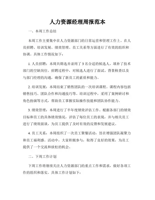 人力资源经理周报范本