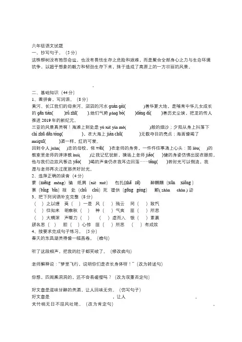 苏教版语文小升初模拟题(含答案)