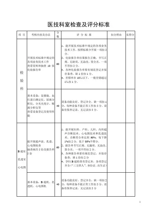 2012年度工作考核标准、医技科室检查及评分标准解析