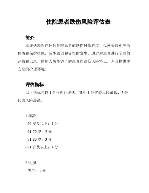 住院患者跌伤风险评估表