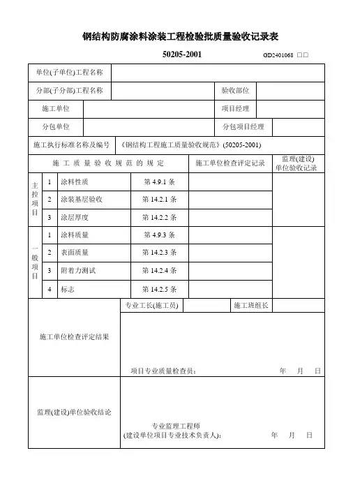 钢结构防腐涂料涂装工程检验批质量验收记录表工程文档范本