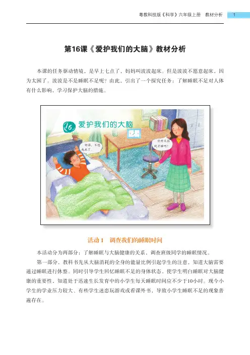 粤教版小学科学六年级上册第16课《爱护我们的大脑》教材分析