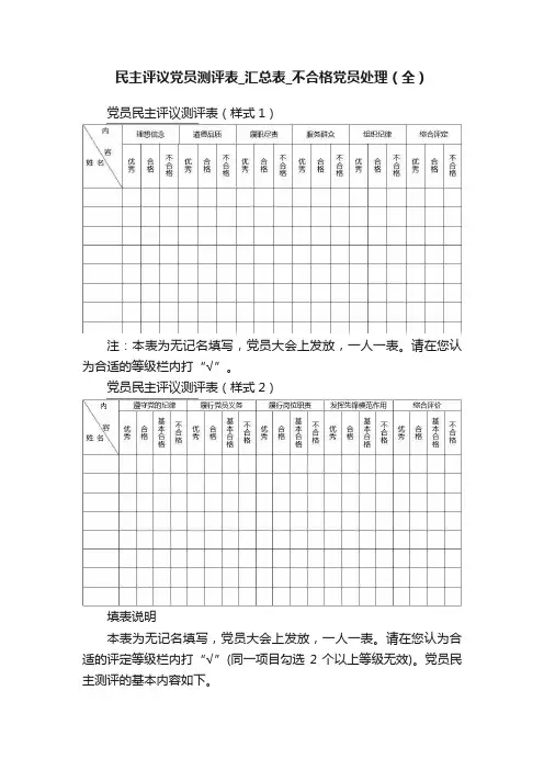 民主评议党员测评表_汇总表_不合格党员处理（全）
