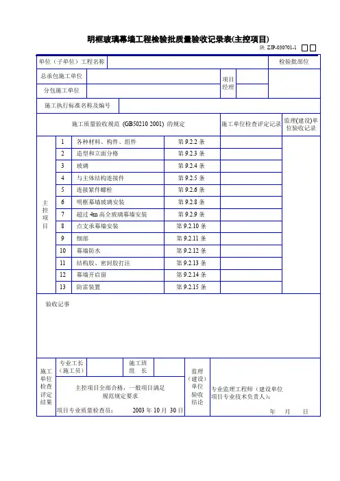 明框玻璃幕墙工程检验批质量验收记录表