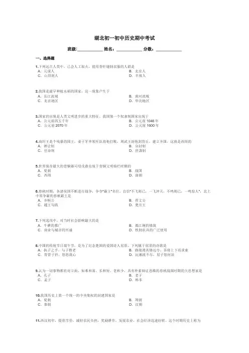 湖北初一初中历史期中考试带答案解析
