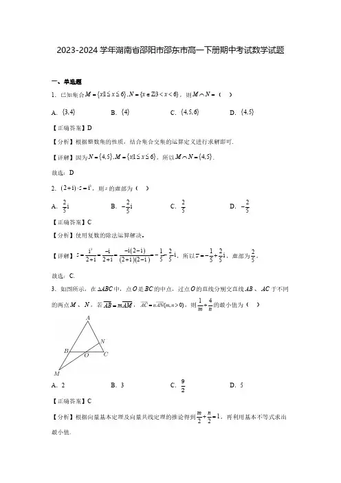 2023-2024学年湖南省邵阳市邵东市高一下册期中考试数学试题(含解析)