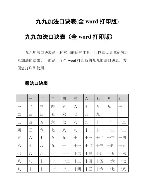 九九加法口诀表(全word打印版)