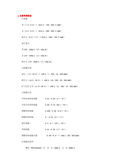 人体临床检验与生化检验正常值