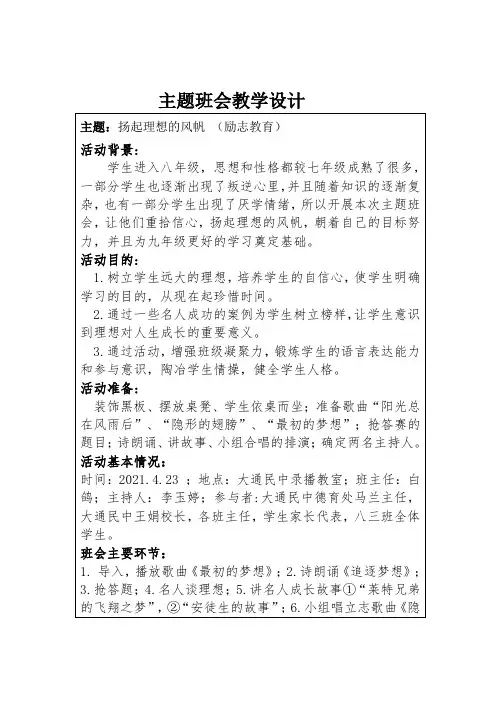 “扬起理想的风帆”主题班会教学设计及反思