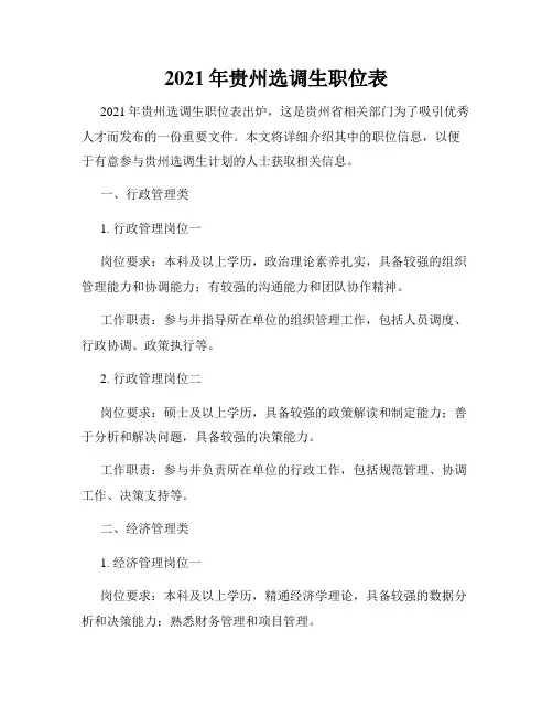 2021年贵州选调生职位表